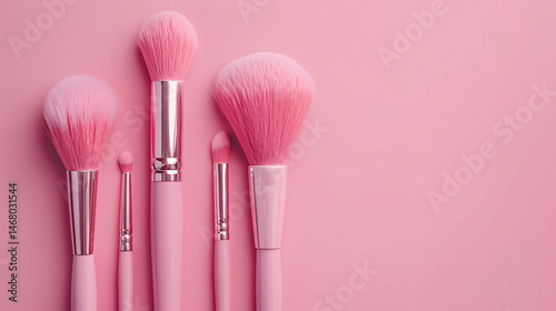 makeup brushes with color powder and pink lipstick on pink background, flat lay