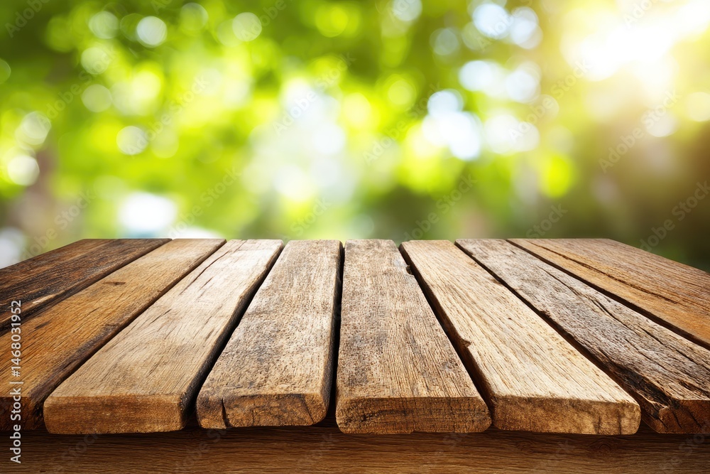 Rustic wooden table against blurred green backdrop Rustic wooden table against blurred green backdrop