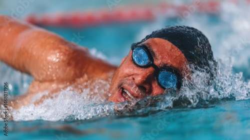 Competitive Male Swimmer Practicing Freestyle Stroke in Pool Water