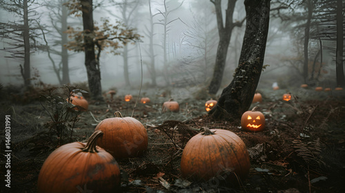 Wallpaper Mural A spooky scene of pumpkins and jack o lanterns scattered throughout a misty forest at halloween time Torontodigital.ca