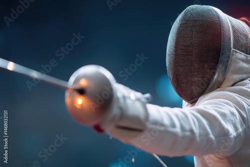 Fencing Athlete in Action with Sword Against Dark Background