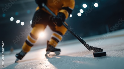 Focused Hockey Player in Action on Ice Rink with Puck and Stick