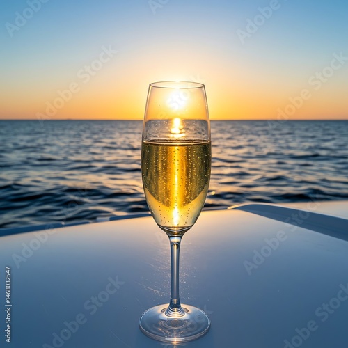 Champagne flute against ocean sunset creates a celebration scene abroad