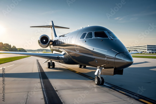 The business Jet plane is parked at the airport.Luxury class.