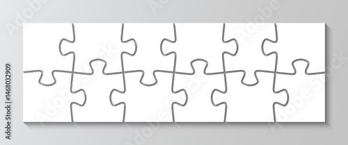 Jigsaw puzzle info graphic. Parts of process diagram infographic. Rectangle business presentation with 12 pieces. Jigsaw puzzle info graphic. Puzzle grid. Vector illustration