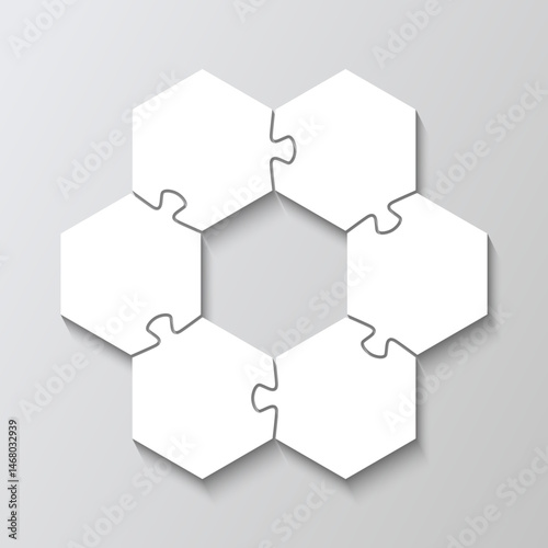 Hexagon info graphic with 6 steps in circle diagram. Puzzle business presentation pieces infographic. Jigsaw hexagonal grid. Business presentation for infographics. Vector illustration