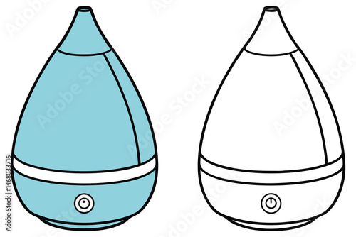 Two teardropshaped devices showcase a skyblue filled and an outlined version, each featuring a distinctive switch