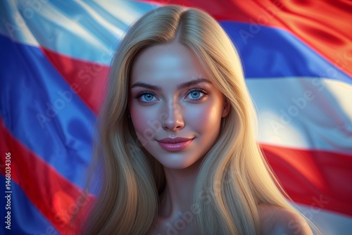 Beautiful young woman on the background of the Russian flag. Russia Day, June 12.