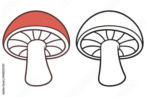 Colored mushroom stands beside an uncolored mushroom on a clean white nontransparent background