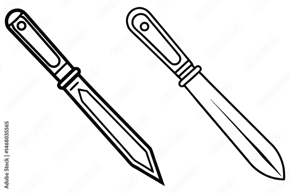 Two contoured black and white knives are shown, one with a triangular end Two contoured black and white knives are shown, one with a triangular end