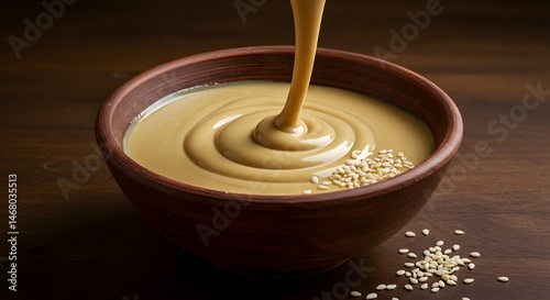 Pouring tahini into a bowl with sesame seeds on a wooden surface creating ripples