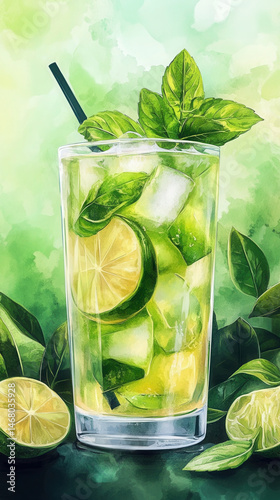 Vibrant mojito drink with geometric design and fresh ingredients in modern flat style
