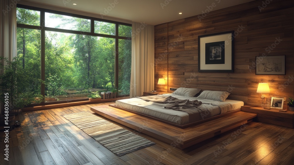 Fototapeta premium Cozy, modern bedroom with forest view