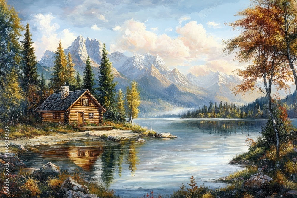 Fototapeta premium A cabin is on a lake with a view of mountains. The cabin is surrounded by trees and the water is calm. .