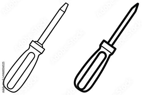 Black and white line drawing shows two simple screwdrivers on a solid background