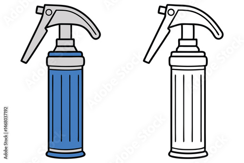 Cartoon shows two spray bottles, one filled blue and the other in black outline