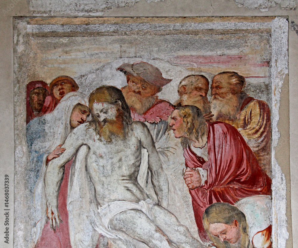 Naklejka premium compianto sul Cristo morto; affresco del Romanino nella chiesa di Santa Maria della Neve a Pisogne (Brescia)