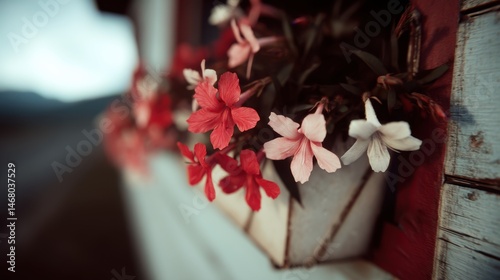 Delightful Display of Blooming Red and White Flowers on a Weathered Window Box with Rustic Charm