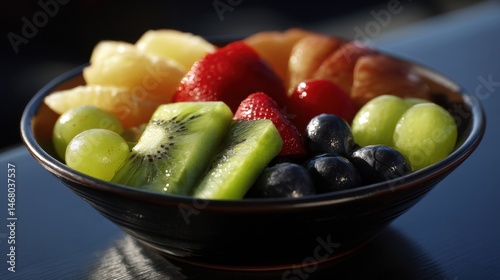 Delightful Fruit Medley Display in a Bowl with Strawberries Kiwi Grapes and Blueberries Still Life