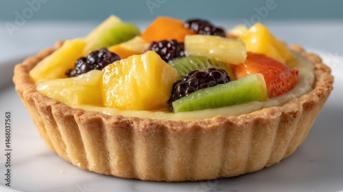 Delightful Fruit Tart Dessert with Glazed Fresh Fruit Toppings Pastry on a White Plate