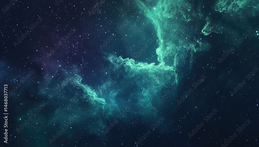Deep space nebula with vibrant emerald hues.  Vast expanse of cosmos filled with swirling emerald nebulae, speckled with distant stars