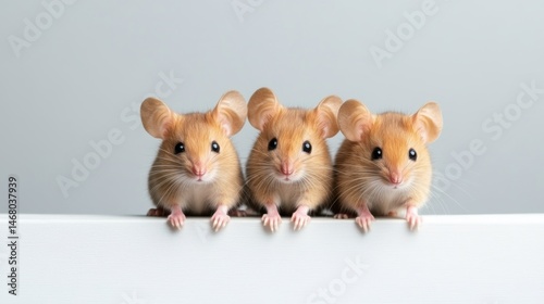 Three Cute Brown Mice with Large Ears Sitting on a White Surface