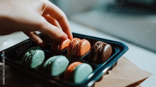 Hand Reaching for Delicious Assorted Macarons in a Container Sweet Indulgence Treats Confectionery