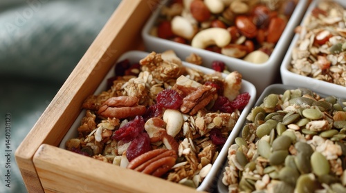 Nutritious Trail Mix in Wooden Tray with Nuts Seeds Dried Cranberries Granola and Cashews
