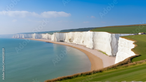 View of white chalk cliffs and beach in Kingsgate Bay, Margate, East Kent, UK photo