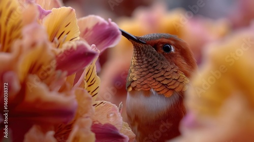 Rufous Hummingbird Feeding Among Vibrant Blooms Nature Portrait Wildlife Scene Close Up Bird Nectar