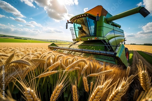 A combine harvester harvests wheat in the field.