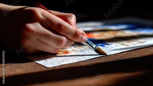 Artistic Expression with Watercolor Painting Technique and a Paintbrush in Hand on Wooden Surface