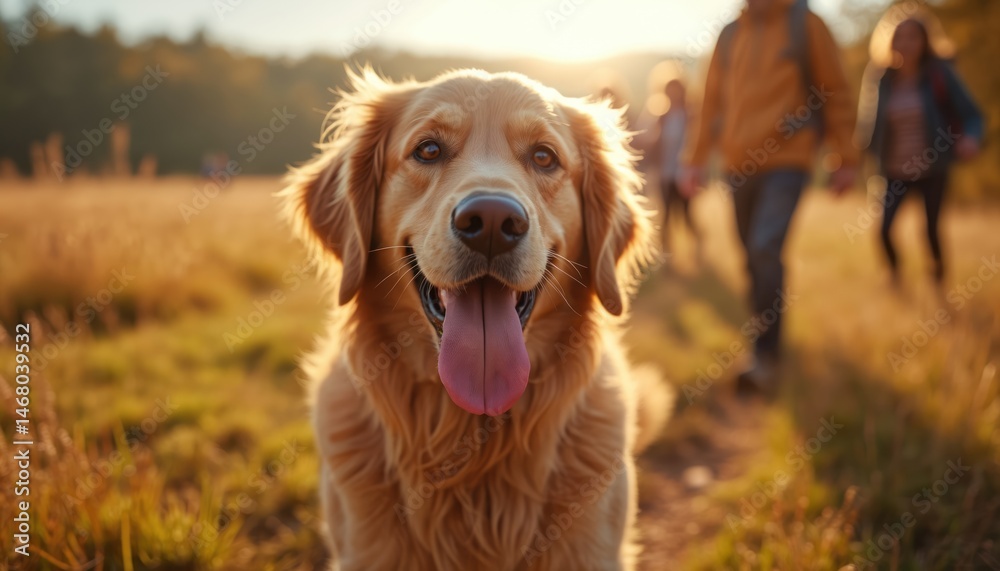Obraz premium Golden retriever enjoys outdoor walk with family during vacation. Happy dog smiles, showing tongue, spends quality time with owner in nature. People hiking with dog enjoy summertime adventure.
