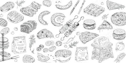 Barbecue Kebab food pattern. Hand drawn vintage steakhouse elements chalk wall.