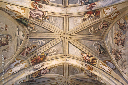 una campata del soffitto della chiesa di Santa Maria della Neve con affreschi del Romanino; Pisogne (Brescia)