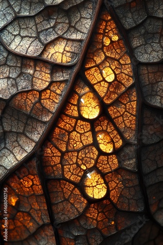 Macro shot of a leaf's surface showcasing its intricate texture and tiny water droplets glistening in natural light