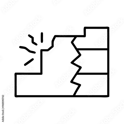 outline icon of cracked staircase or step edge with impact lines, concept of structural damage or repair need, black linear architectural symbol