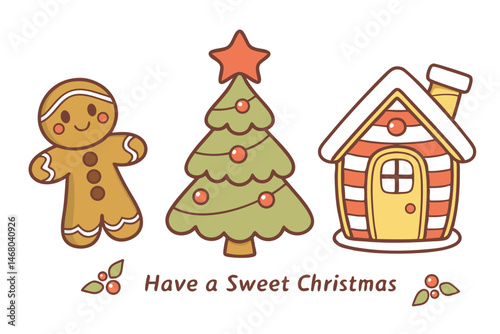 Charming Christmas Illustration with Gingerbread Man, Tree, and House for Festive Holiday Season Greetings.