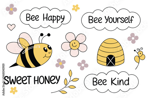 Cute Cartoon Bee with Motivational Slogans, Flowers, and Beehive Illustration on White Background