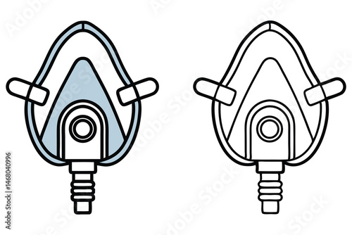 Two simple ventilator oxygen masks are outlined in black, one partly light blue