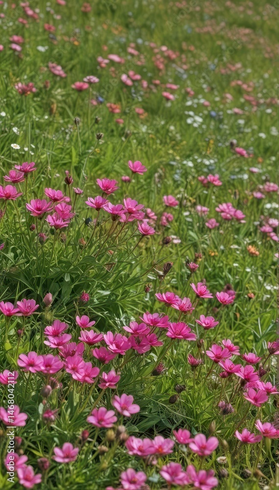 Vibrant pink blossoms dotting a lush green meadow Spring wildflowers in full bloom, pink, grass, flowers Vibrant pink blossoms dotting a lush green meadow Spring wildflowers in full bloom, pink, grass, flowers