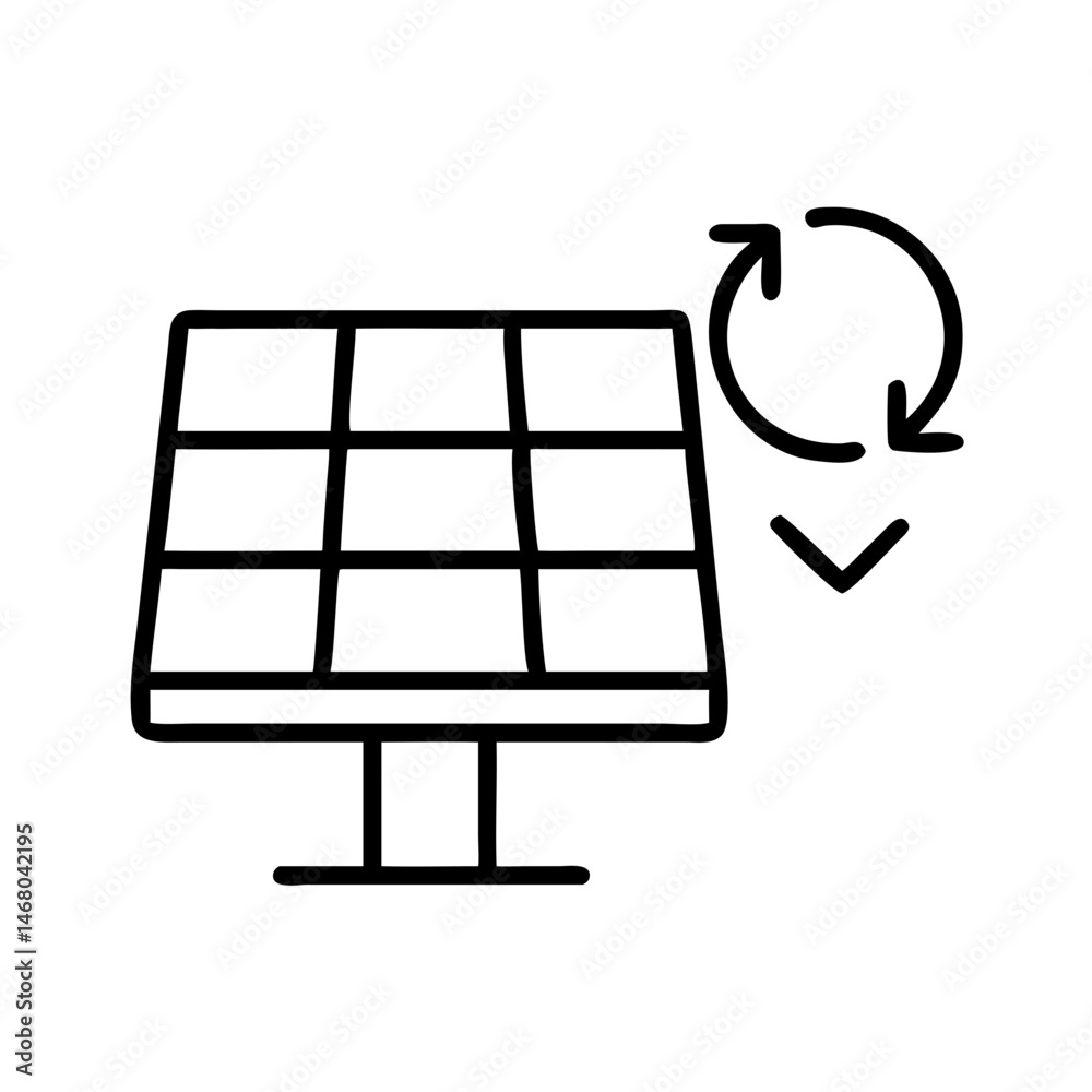 outline icon of solar panel with circular arrow indicating rotation or adjustment, concept of solar system repair or maintenance, black linear symbol outline icon of solar panel with circular arrow indicating rotation or adjustment, concept of solar system repair or maintenance, black linear symbol