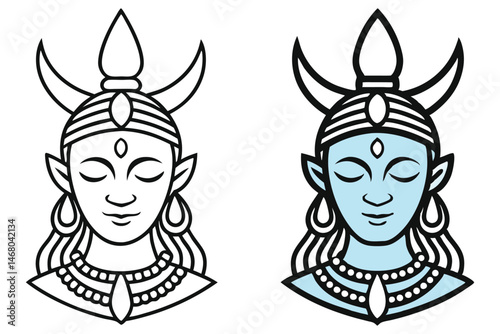 Lord Shiva face line drawing shows peaceful deity with ornate headdress and jewelry
