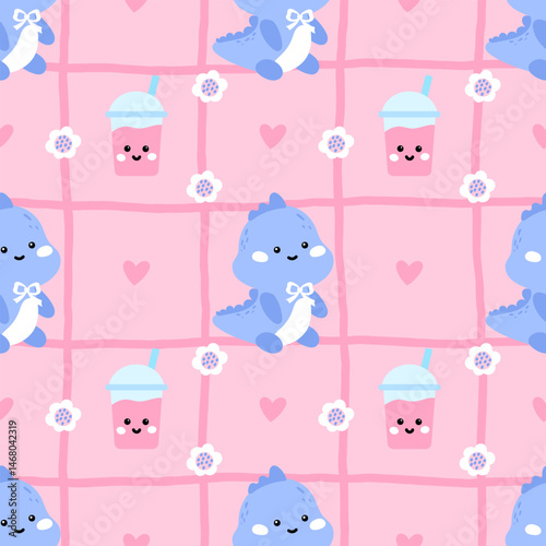 Kawaii-style dino Seamless pattern featuring flowers, gingham, and cheerful colors. Vector design made for baby fashion, nursery prints, and girly textile products