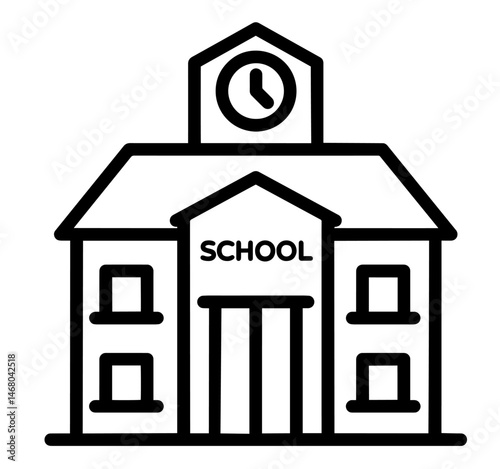 school building with clock and labeled entrance, educational institution, structured learning, and academic environment for children and youth.