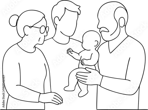 Three-Generation Family with Baby in Line Art SVG Style for Parenting Blogs, Grandparent Celebration Cards, and Family-Themed Educational Content on Transparent Background