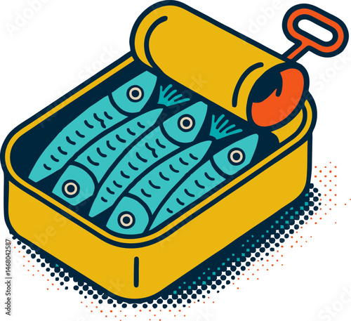 Sardines in Tin Can Pop Art Naive Vector SVG for Seafood Packaging, Summer Menus, and Vintage Food Concepts in Turquoise and Yellow Palette Transporent Background SVG