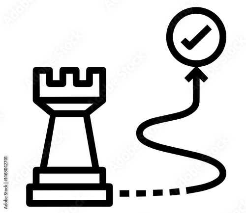 rook chess piece with dotted path and checkmark,  correct strategy, winning move, and logical planning in a chess game.