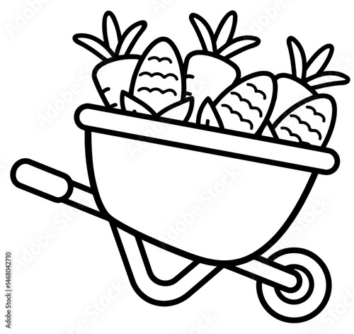 wheelbarrow filled with harvested carrots, shown from the side with one wheel and two handles, rural farming, organic food, and garden harvest.
