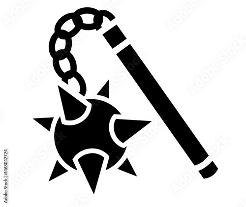 mace on a chain. medieval flail weapon with spiked metal ball on chain and handle, ancient close-combat weaponry used by knights and warriors in historical battles.